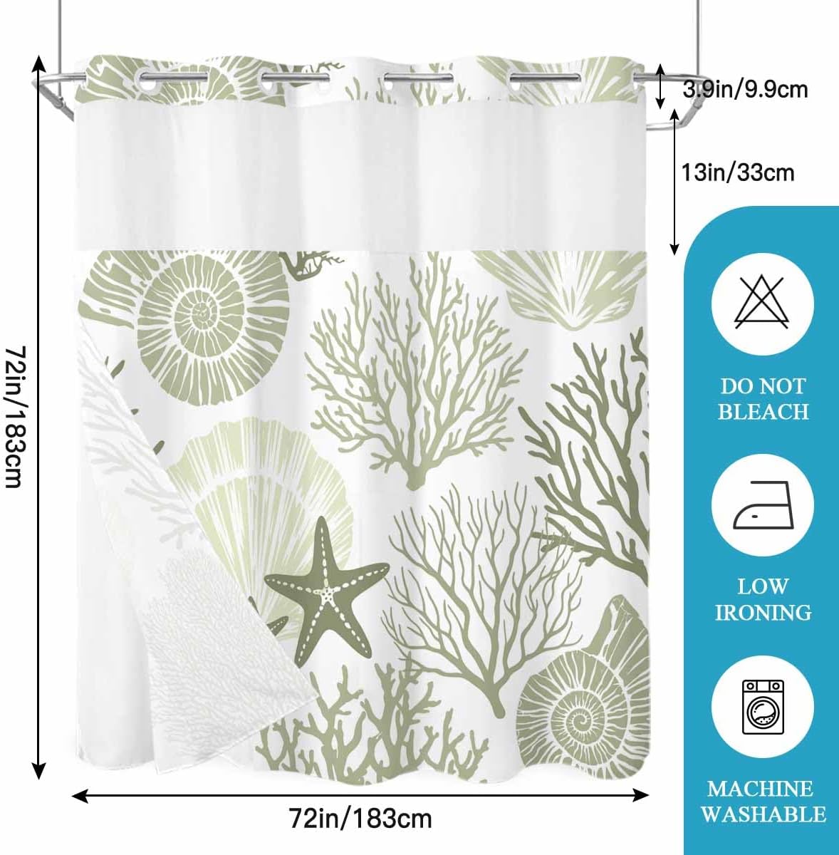 No Hook Cloth Fabric Shower Curtain with Snap in Liner, Green Waterproof Shower Curtains Set with See Through Top Window, Shell Starfish Ocean Coral Abstract Texture Bath Curtains Shower 72"x72"
