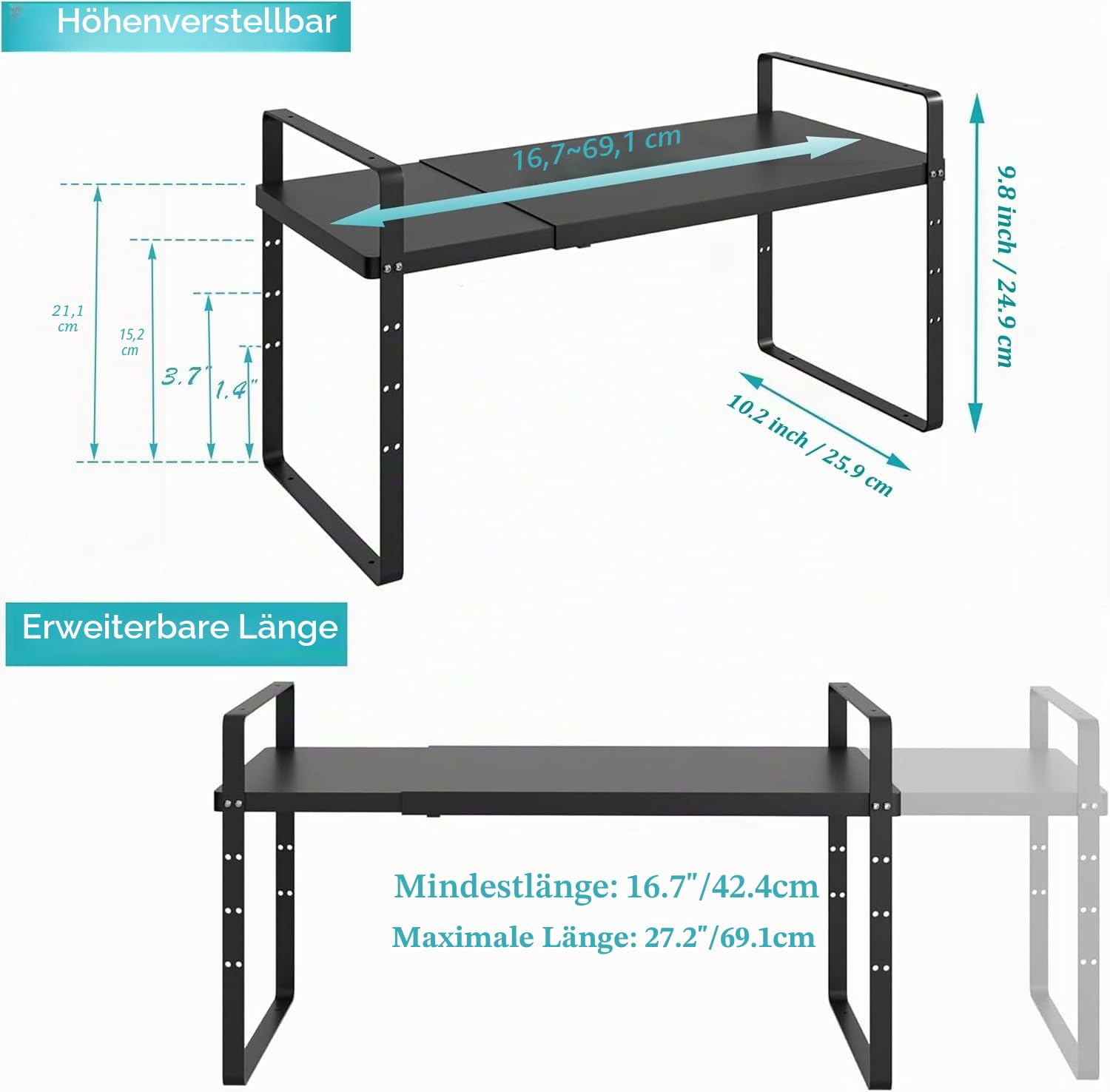 iPEGTOP Robuste Stahlregale, ausziehbar, höhenverstellbar, für Zuhause, Büro, Speisekammer, Küche, Theke, groß, schwarz, 2 Stück
