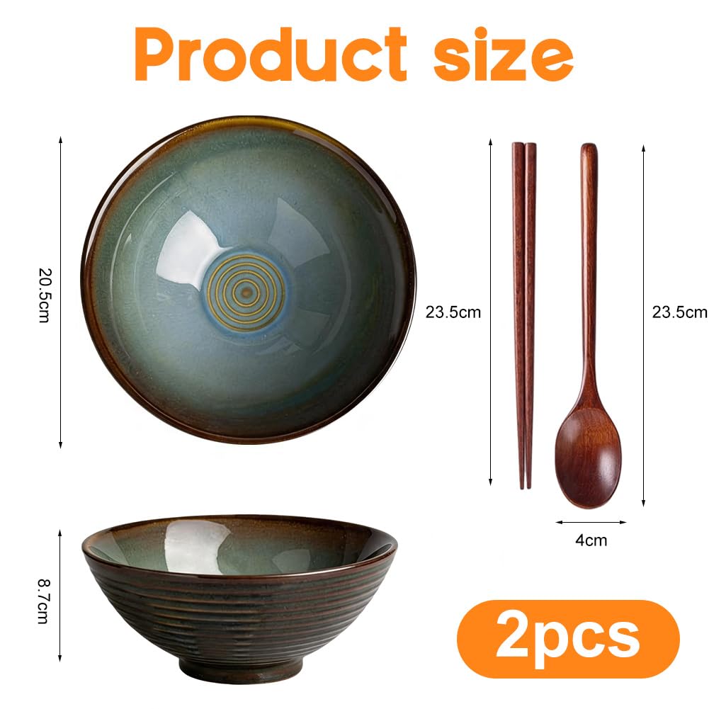 Set di 2 ciotole per ramen in ceramica, 1200 ml, con bacchette e cucchiai, ciotola grande per ramen zuppe, pasta, insalata di frutta (turchese retrò)
