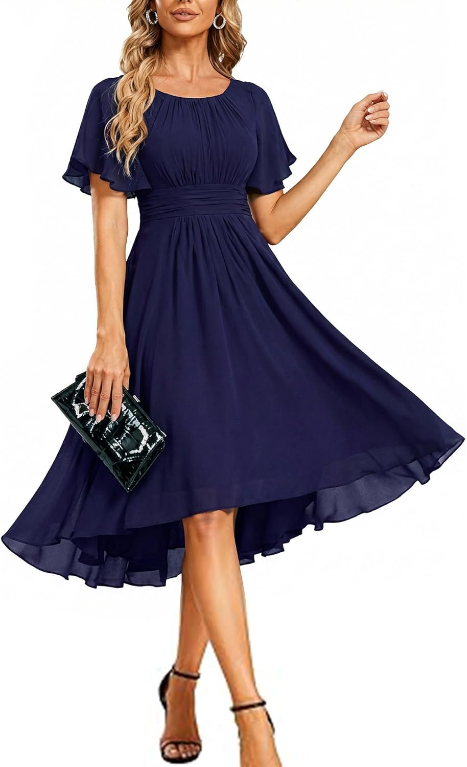 Ever-Pretty Women's Chiffon Crew Neck Empire Waist Short Sleeve Semi Formal Dresses Wedding Guest Dress 02053