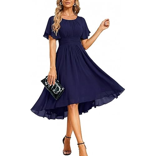 Ever-Pretty Women's Chiffon Crew Neck Empire Waist Short Sleeve Semi Formal Dresses Wedding Guest Dress 02053