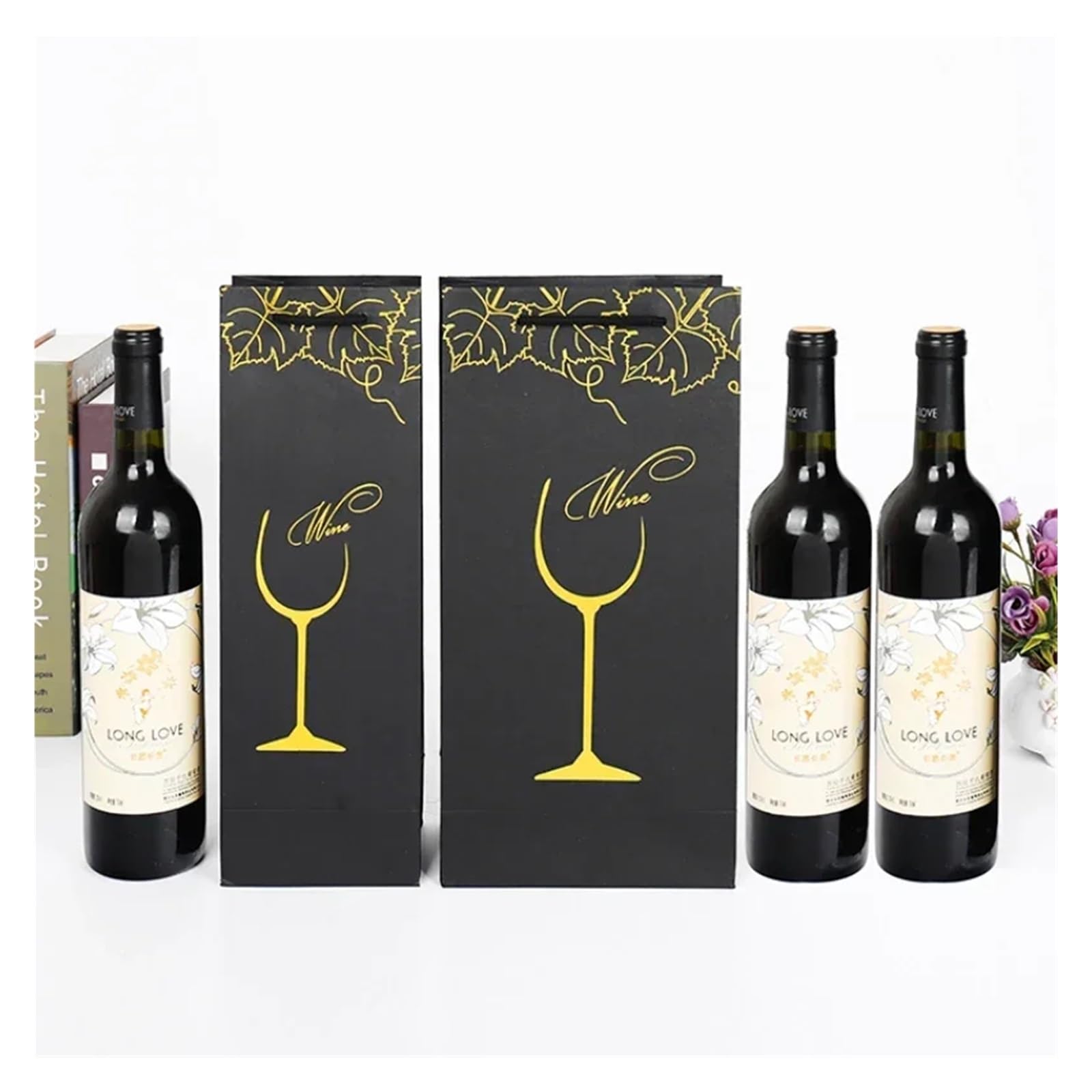 Sacs pour bouteilles de vin Sac en papier à main 12 pièces, pochette en carton noir doré feuille de raisin, pochette à vin simple Double bouteille de bière, sac Portable à poignée en corde en Nylon (