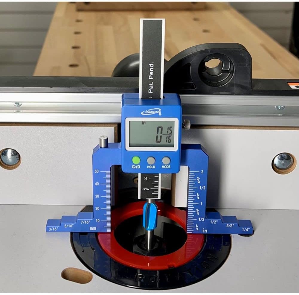 Depth gauge measuring router bit height on a router table