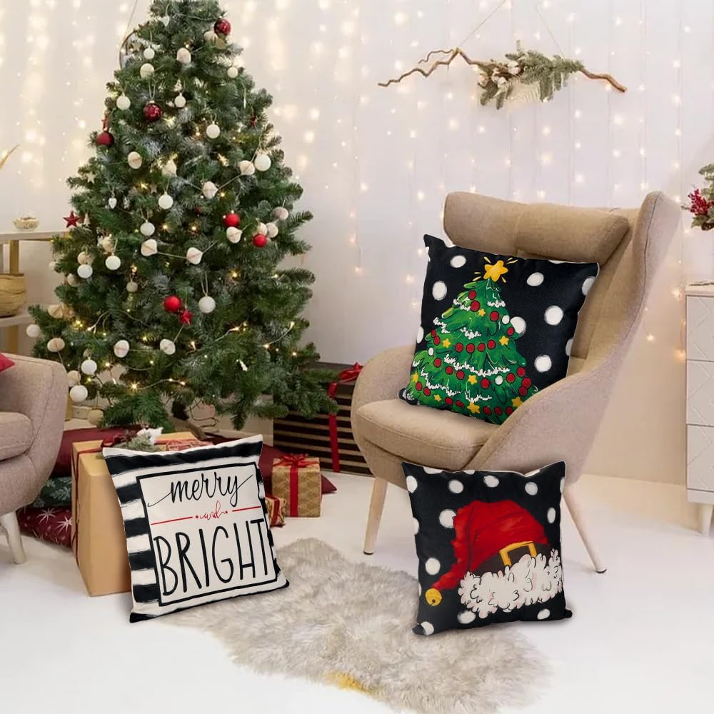 DIYDEC 4PCS Christmas Pillow Covers 18x18 inch Hello Winter Merry Bright Throw Pillow Covers Xmas Tree Hat Black White Striped Dot Decorations Cushion Case for Couch Sofa Outdoor Indoor Home