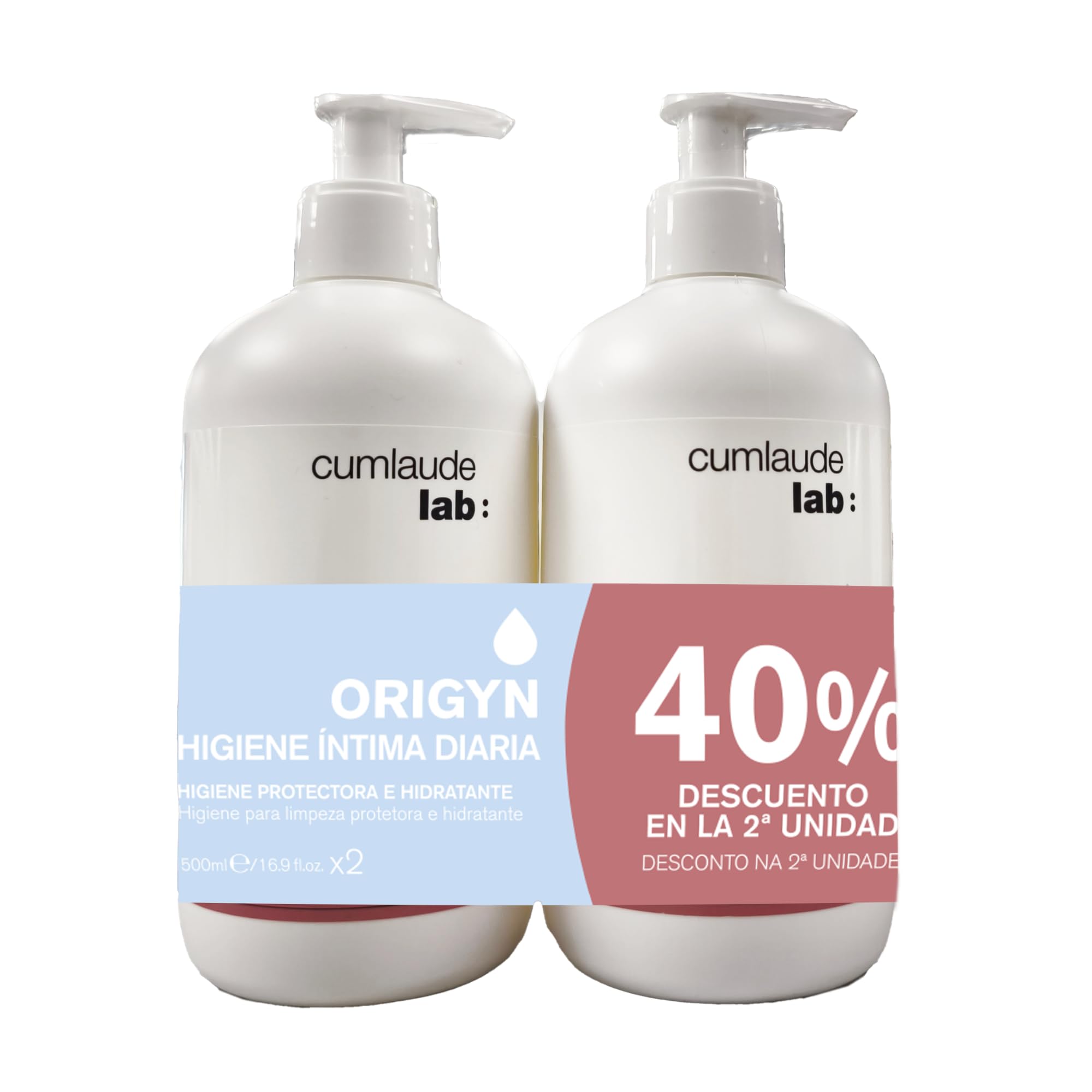 Cumlaude Lab - Origyn Higiene Íntima, Gel Íntimo con Postbióticos y Ácido Láctico, pH Ácido 4,1, Limpieza Suave e Hidratante, Sin Jabón, Uso Diario para Mujer - Pack de 2 x 500 ml