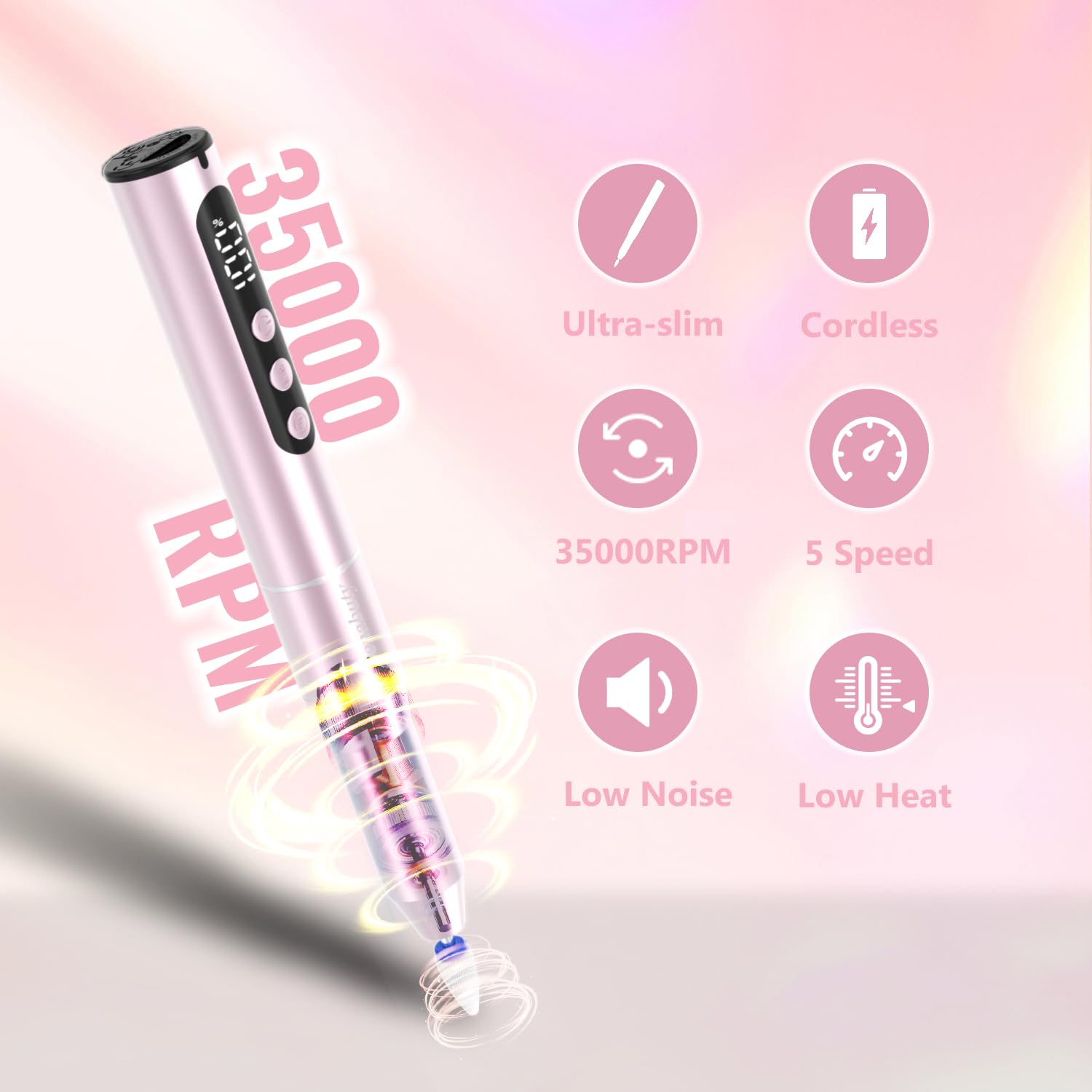 Nagelfräser Kabellos 35000 U/Min, Elektrische Nagelfeile 12 in 1 Fräser Nägel Professionell Nail Drill, Nagelfräser für Gelnägel, für Semi Permanent und Acrylnägel, Maniküre Pediküre Rosa