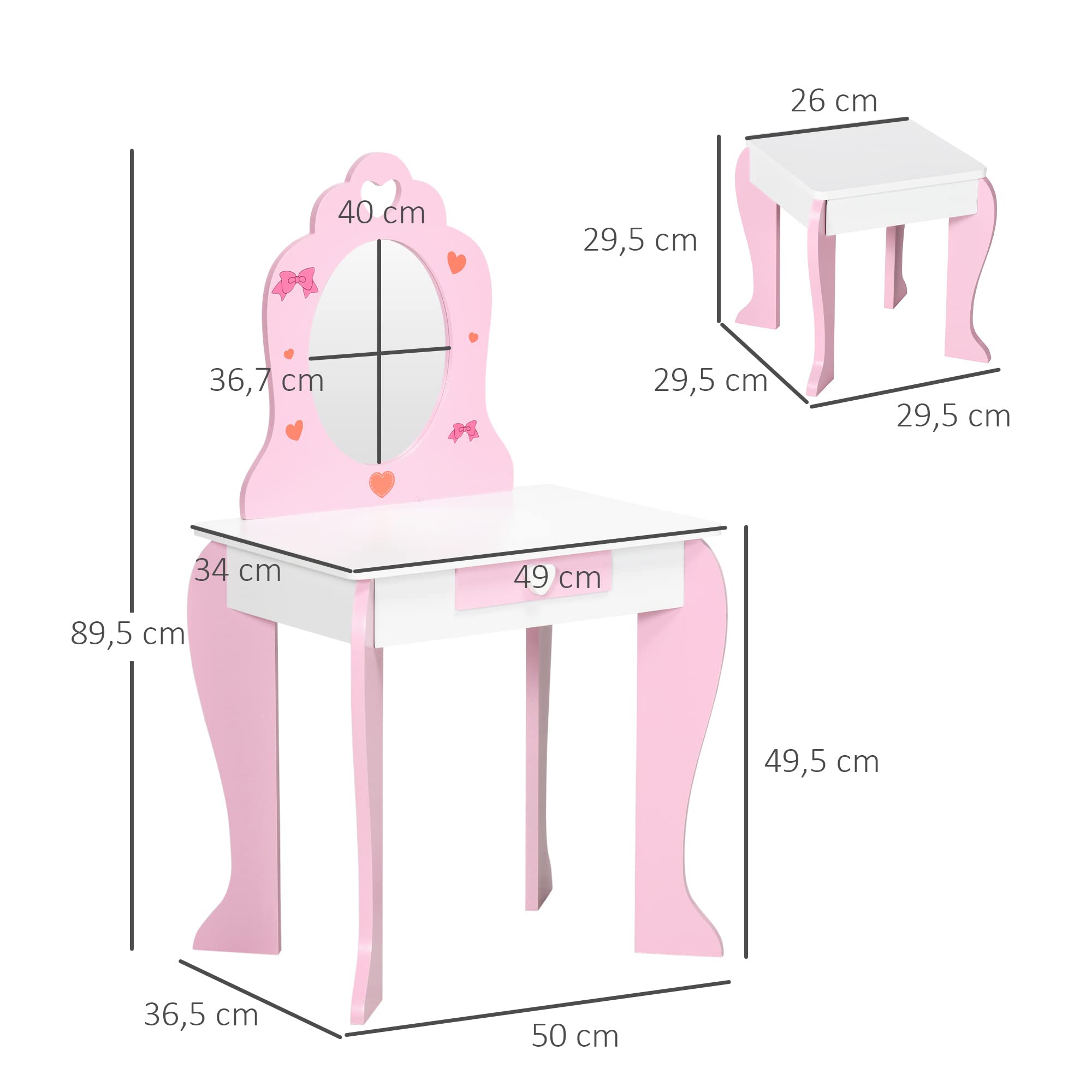 ZONEKIZ Set Tavolo Trucco con Sgabello e Specchio e Cassetto in Legno MDF per Bambini da 3-6 Anni, Bianco e Rosa