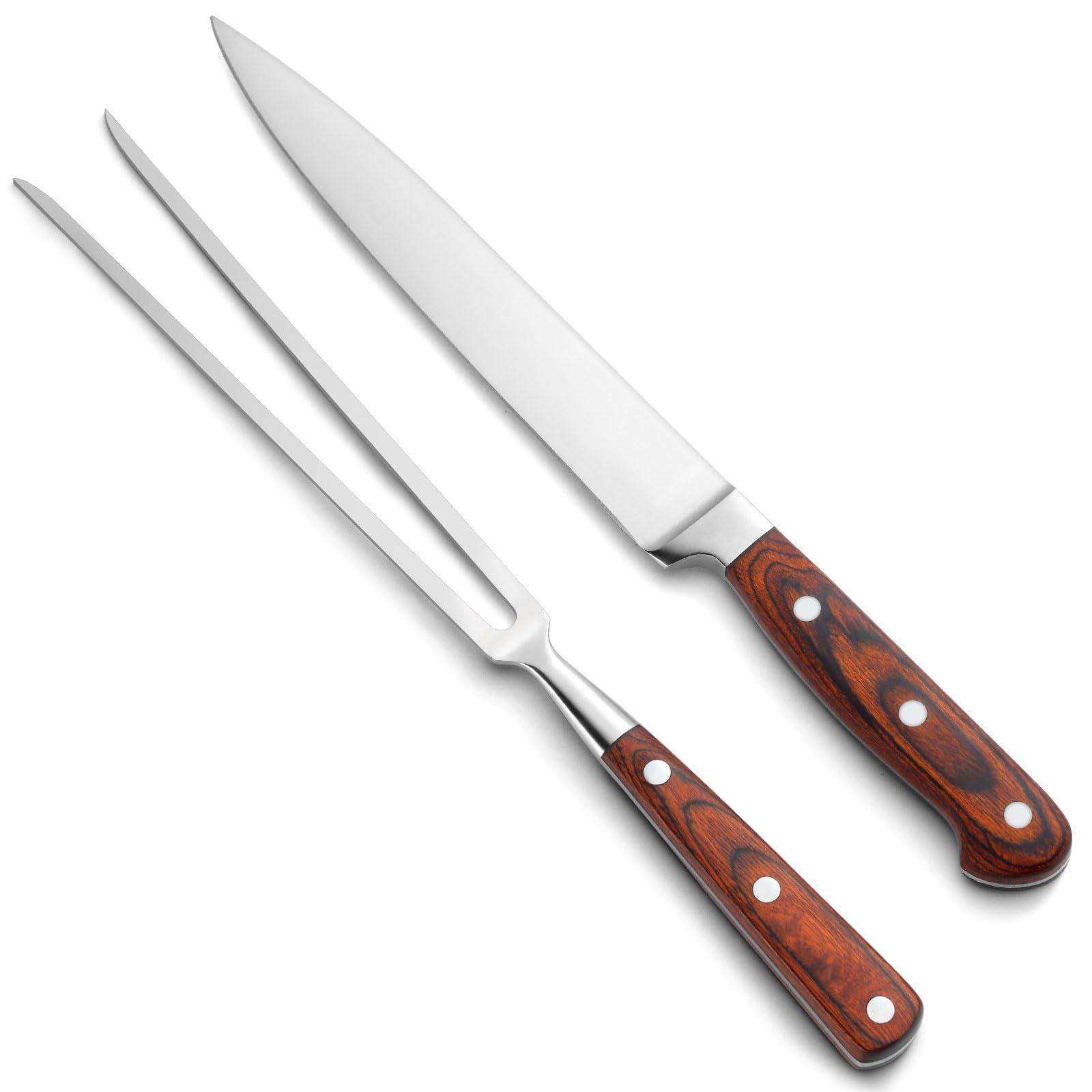 Pleafind 2-Piece Carving Knife and Fork Set, 13.19 inch Carving Knife and 13.58 Carving Fork, Stainless Steel Carving Sets with Wooden Handles, Carving Kit for Turkey, Meat and Grilling
