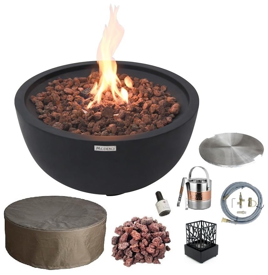 AMS Fireplace Modeno Jefferson Black Natural Gas Fire Pit Table for Outside Patio Bundle with SS Burner Lid | Free Ice Bucket and Counter-top Lantern