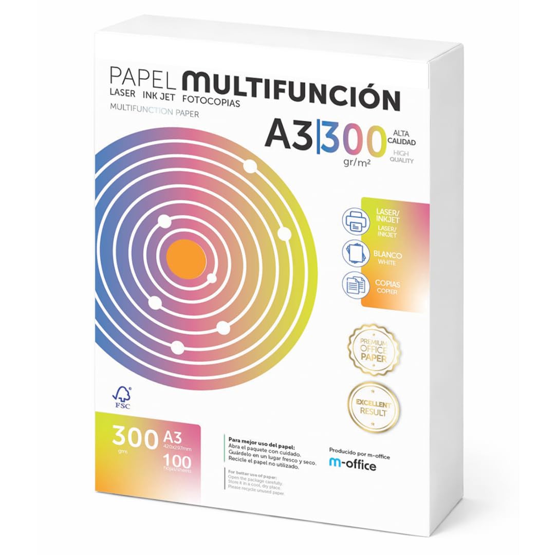 Fogli A3 300g 100 fogli, Carta Multiuso per Stampante Laser e a Getto d'Inchiostro, Fotocopiatrice, per Ufficio e Materiale Scolastico, Confezione m-office (100 Fogli 300g)
