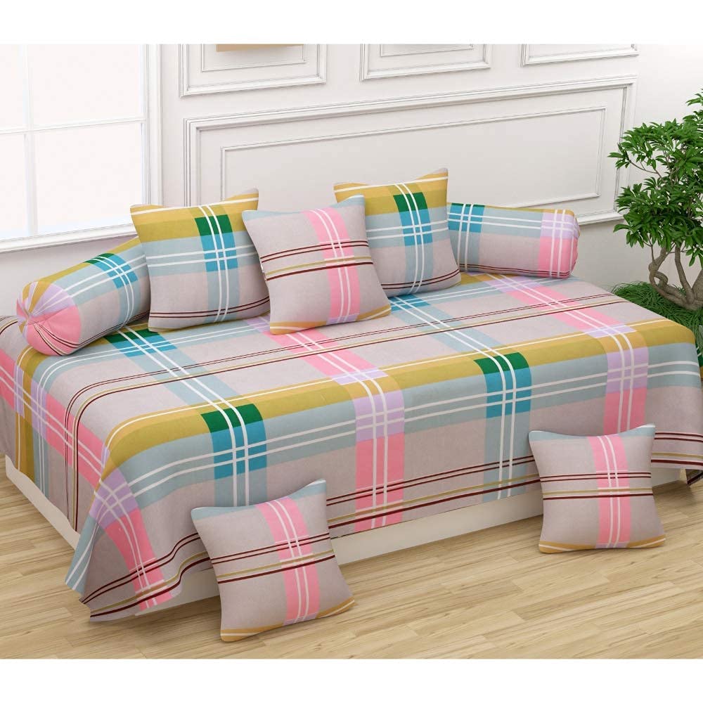 MORADO® 160 TC Glace Cotton 8 Piece Diwan Set Including 1 Bedsheet, 5 Cushion Covers and 2 Bolster Covers, Pink-image-43