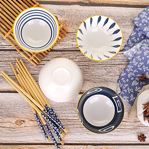 Vanenjoy Set Of 4 Japanese Style Ceramic Rice Bowl With Chopsticks In Gift Box,Vintage Blue Hand Painted Pattern Bowls Set,Underglazed Dinnerware,For Dessert Snack Cereal Soup #TOP6