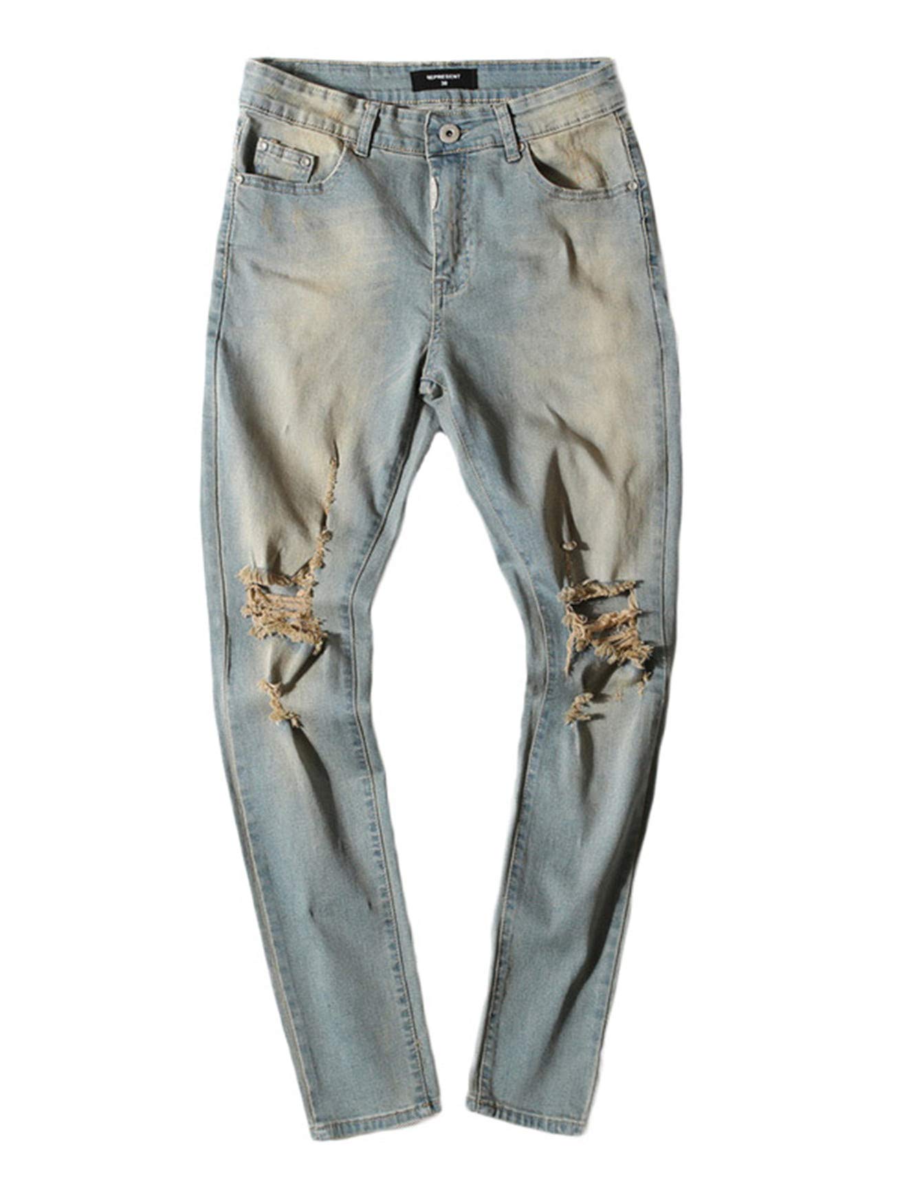 Andongnywell Mens Ripped Jean Vintage Fitted Stretchy Tapered Leg Destroyed Jeans Long Stretch Trousers