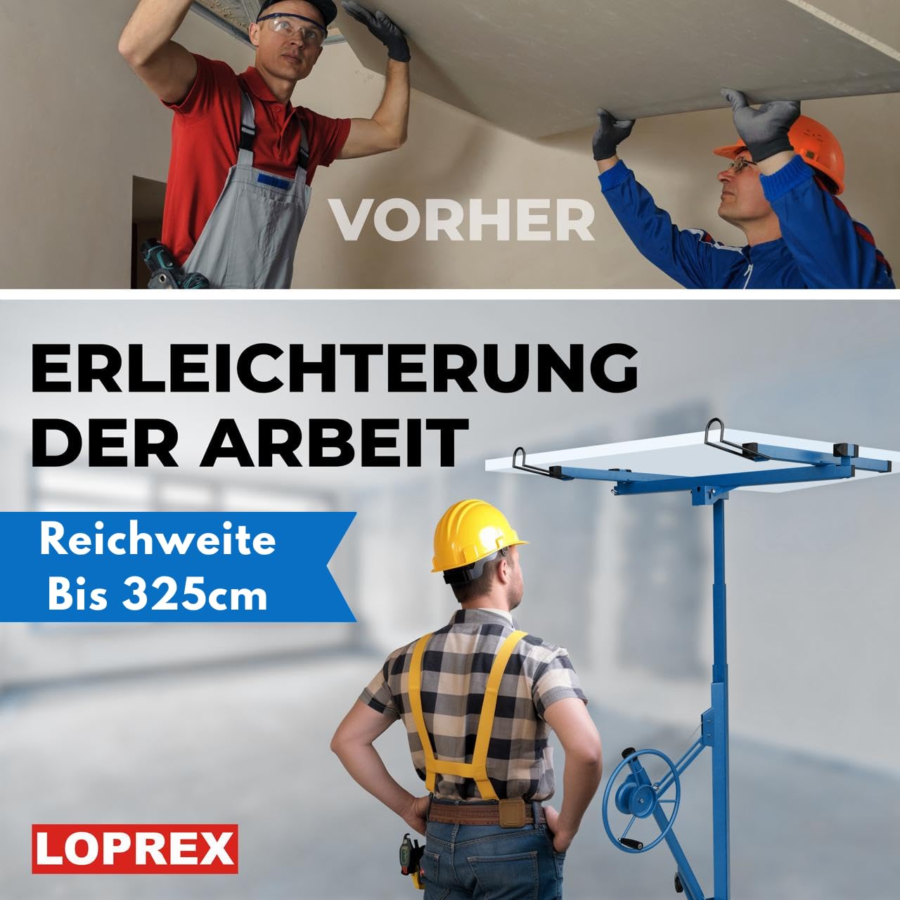 Plattenheber Trockenbau - Plattenlift bis 325cm und 68kg - 1- Mann Plattenlift für Rigipsplatten - für Decken und Wände (Blau)