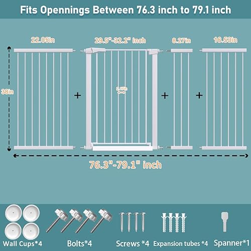 Miniatura 2 de Soporte extra alto para puerta de bebé, 38 pulgadas de alto, 76.38 a 79.13 pulgadas de ancho, extra largo a través de la puerta de mascotas para