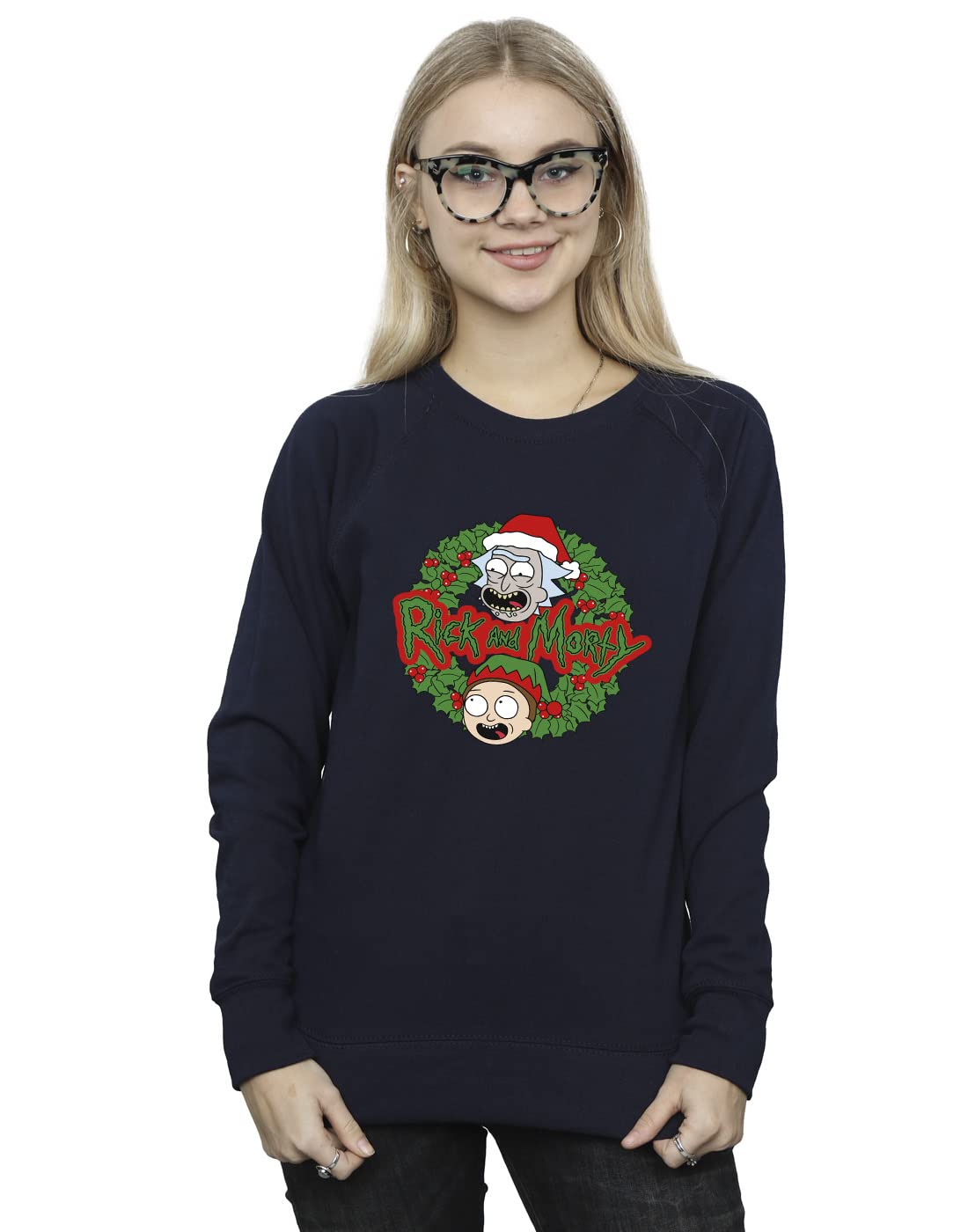 Absolute Cult Women's Navy Blue Rick And Morty Christmas Wreath Sweatshirt Small