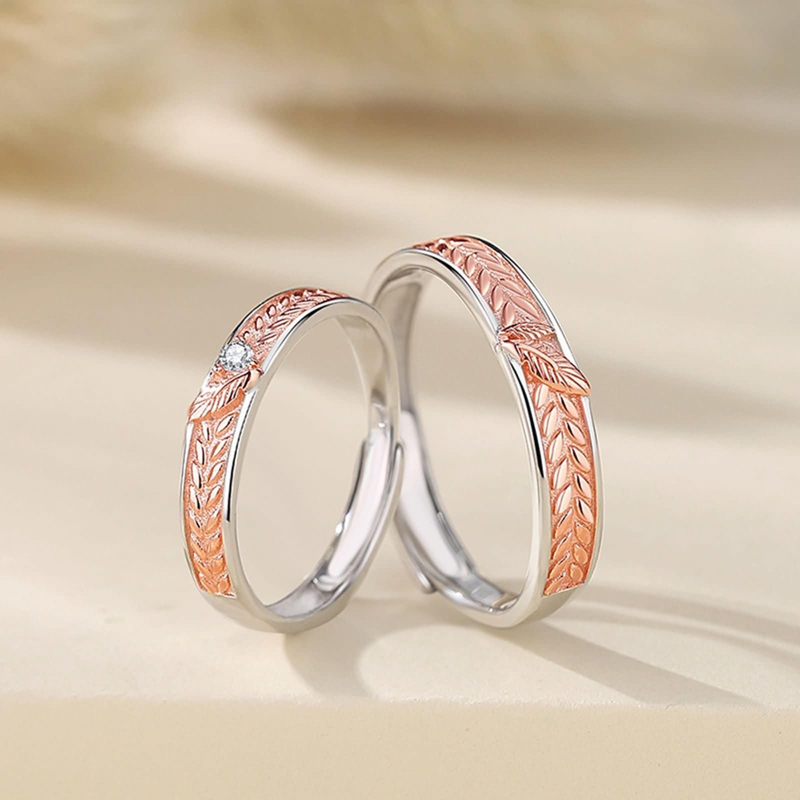 Sterling maßgeschneiderte Versprechensblätter mit Zirkonia, verstellbare Eheringe für Männer und Frauen Silber Roségold