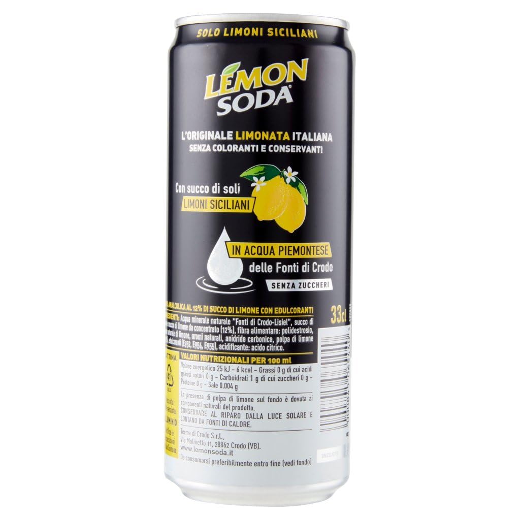 Lemonsoda zéro rafraîchissement de la boisson au citron limonade, sans sucre ajouté, boisson gazeuse italienne à aromatisation au citron, sans sucre, 24x 33cl + Italian Gourmet polpa 400g