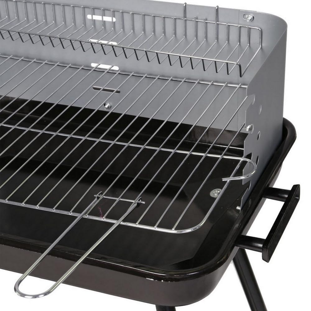 LOLAhome Barbacoa de carbón negra | De 64x38x82cm | Regulable 4 alturas, Doble parrilla Cocinar y Calentar, fácil montaje, fácil guardado | Para 10 comensales | Barbacoa jardín