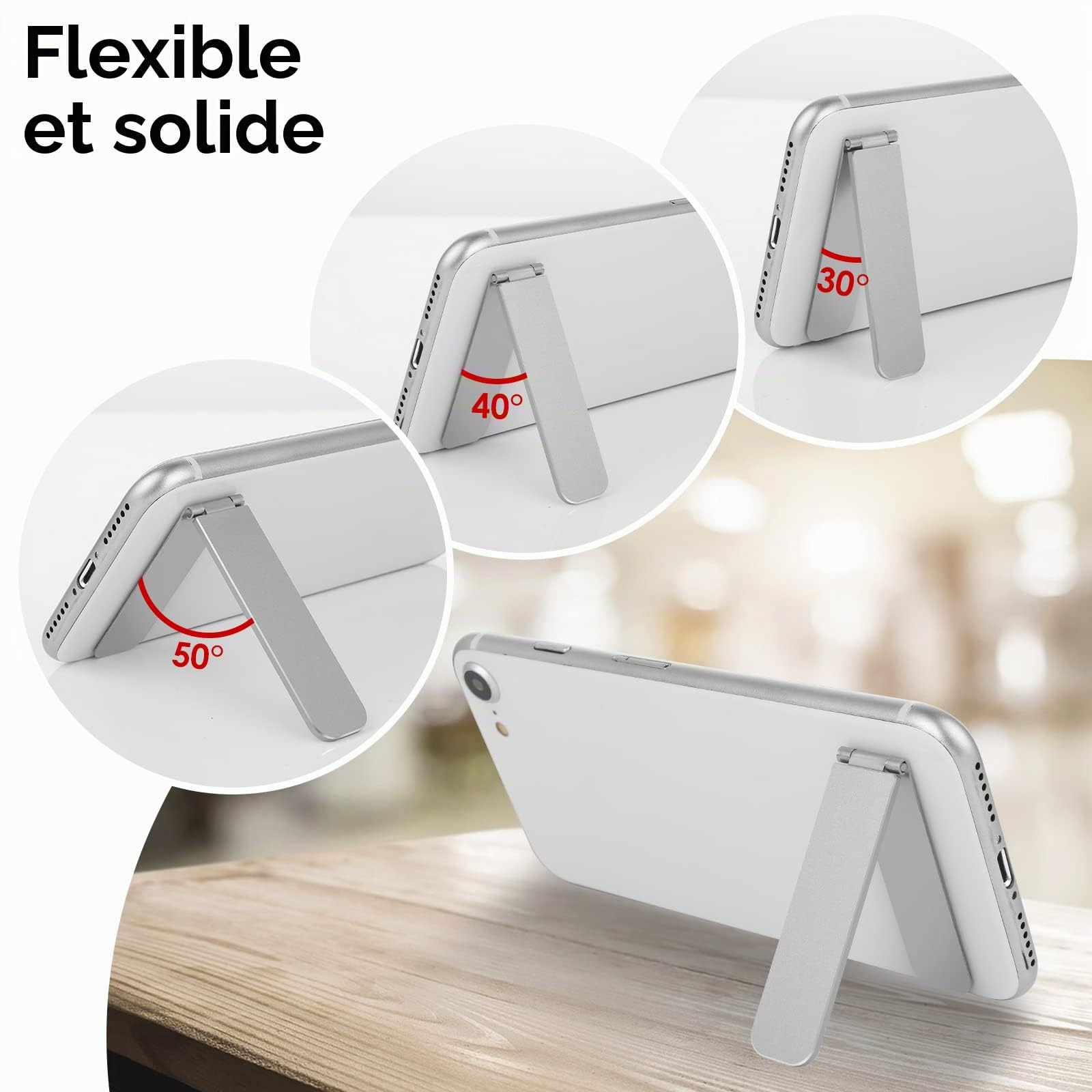 Support de téléphone pliable en aluminium réglable pour smartphones (argent)