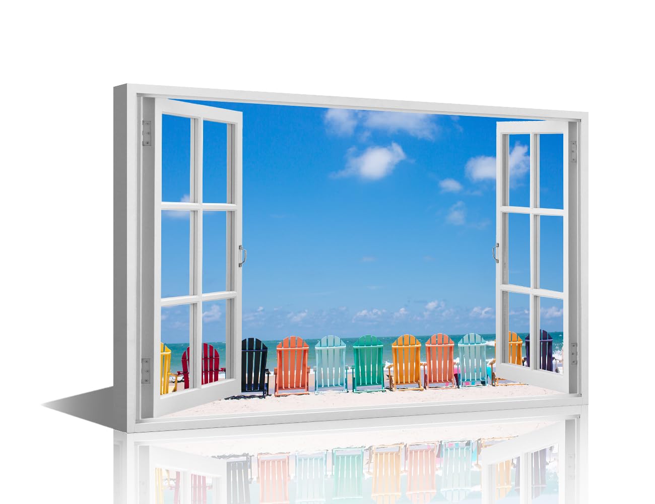 TISHIRON Canvas Prints Seaside 3D Window View Wall Art Modern Home Decor Colorful Chair Poster Beach Living Room Bedroom Decoration Artwork Painting Framed Ready to Hang, 18x12in