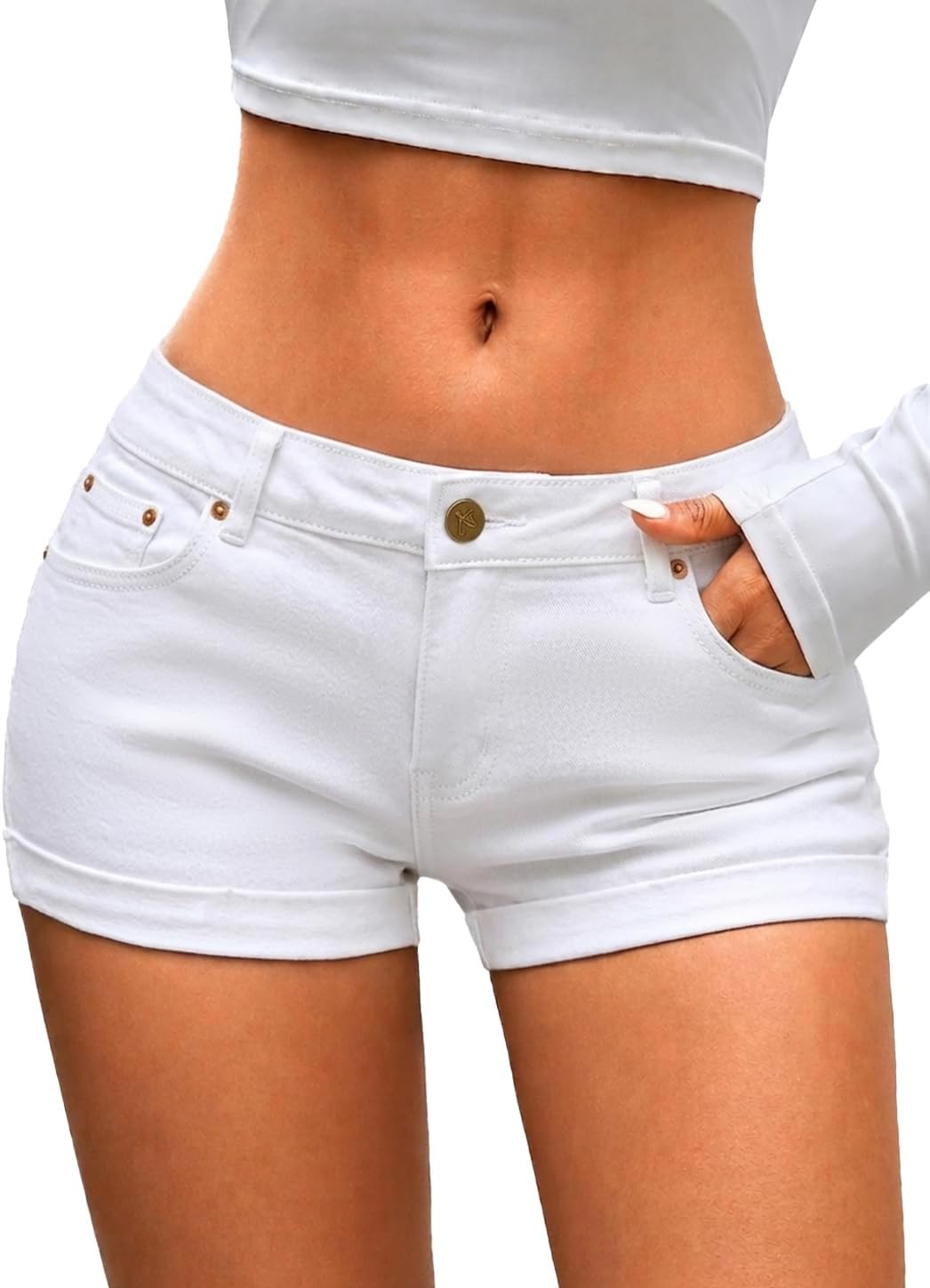 ELLEVEN Low Rise Rolled Hem Denim Mini Shorts, High Stretch Slim Fit Short Jeans for Women Y2k Trendy Summer Outfits