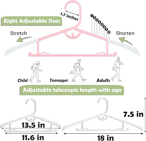 Miniatura 3 de 60 perchas para niños con clips, perchas ajustables rosas para ropa antideslizantes para niños, perchas para niños, perchas extensibles con gancho,