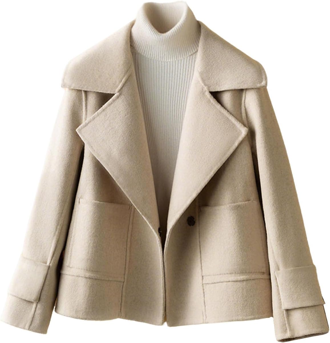 utcoco Womens Short Wool Pea Coat Notched Lapel Cropped Woolen Trench Coat with Pockets