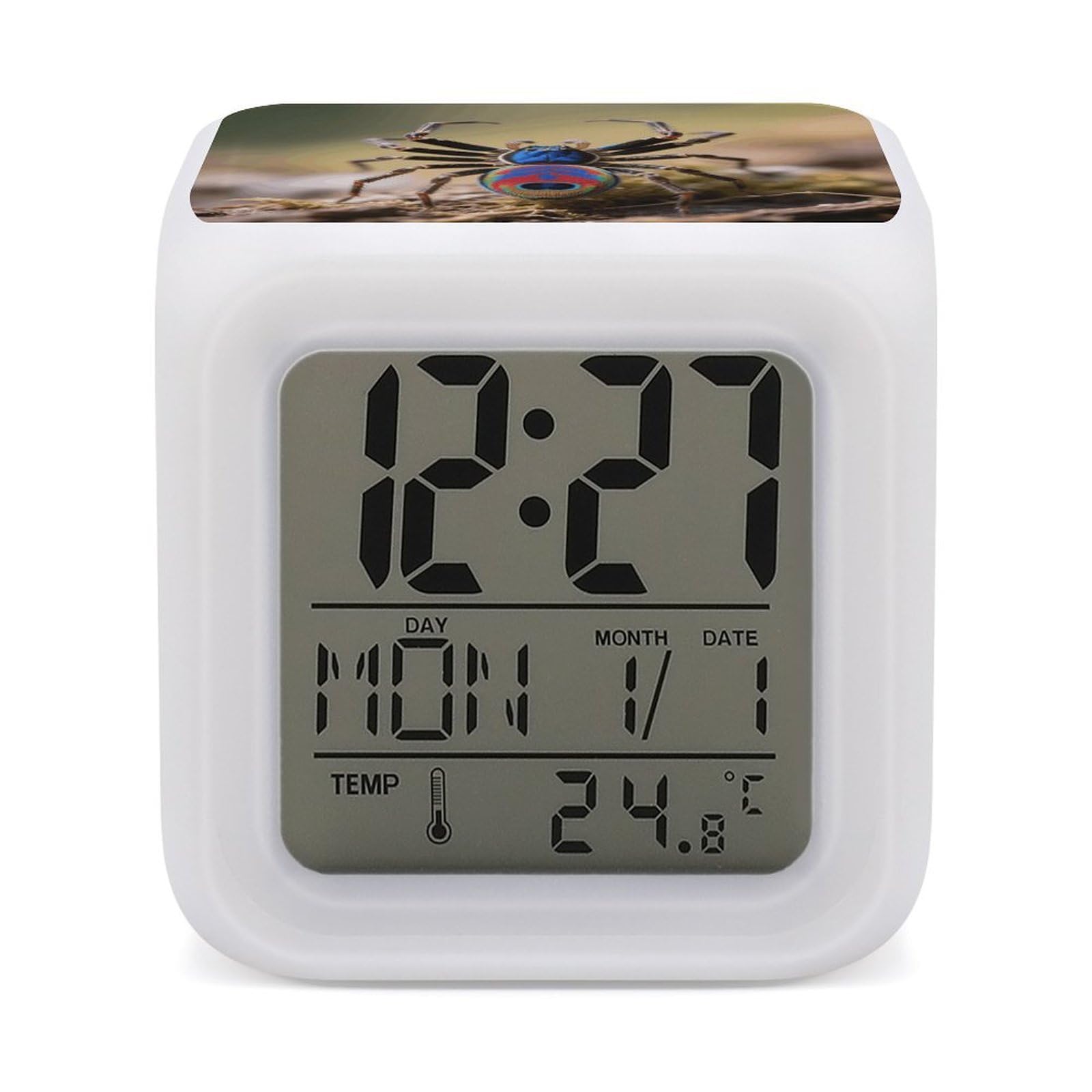 FodPand 7 Color Ambient Night Light Cube Battery Operated Peacock Spider Digital Clock with Snooze Temperature LED Digital Alarm Clocks Dimmable Wake Up Light Portable Mood Lamp for Bedroom Desk Gift