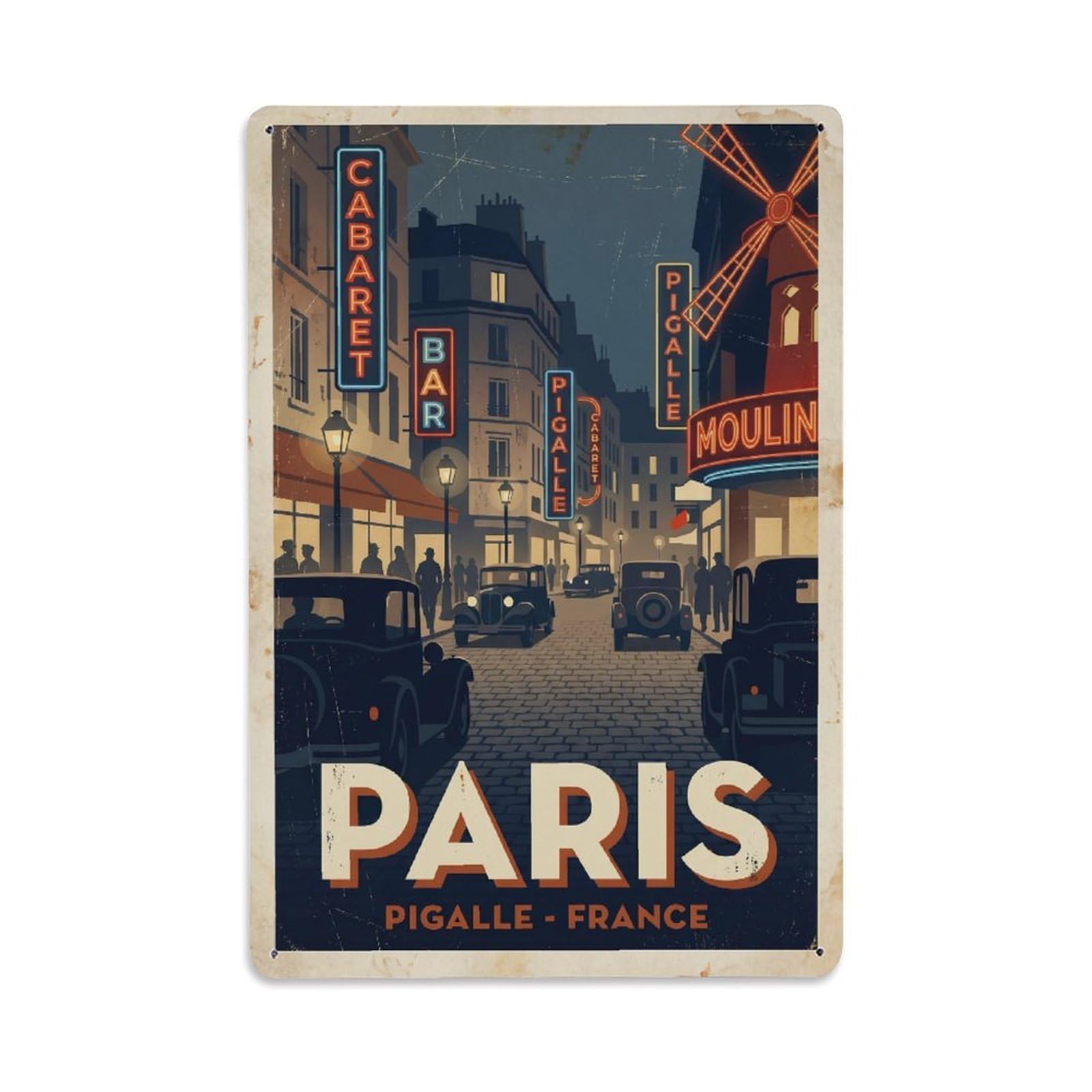 Vintage Travel Paris Pigalle District Nightlife Rusted France Metal Tin Sign Plaque Wall Decor for Cafe, Club Bar, Office, Home Garden Metal Poster 8x12Inch