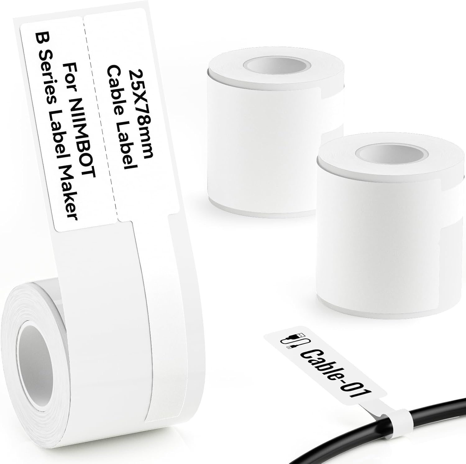 NIIMBOT 3 Roll Set White Cabel Label Compatible with B1/B2/B21 Label Maker, 25x78mm/100Labels/Roll