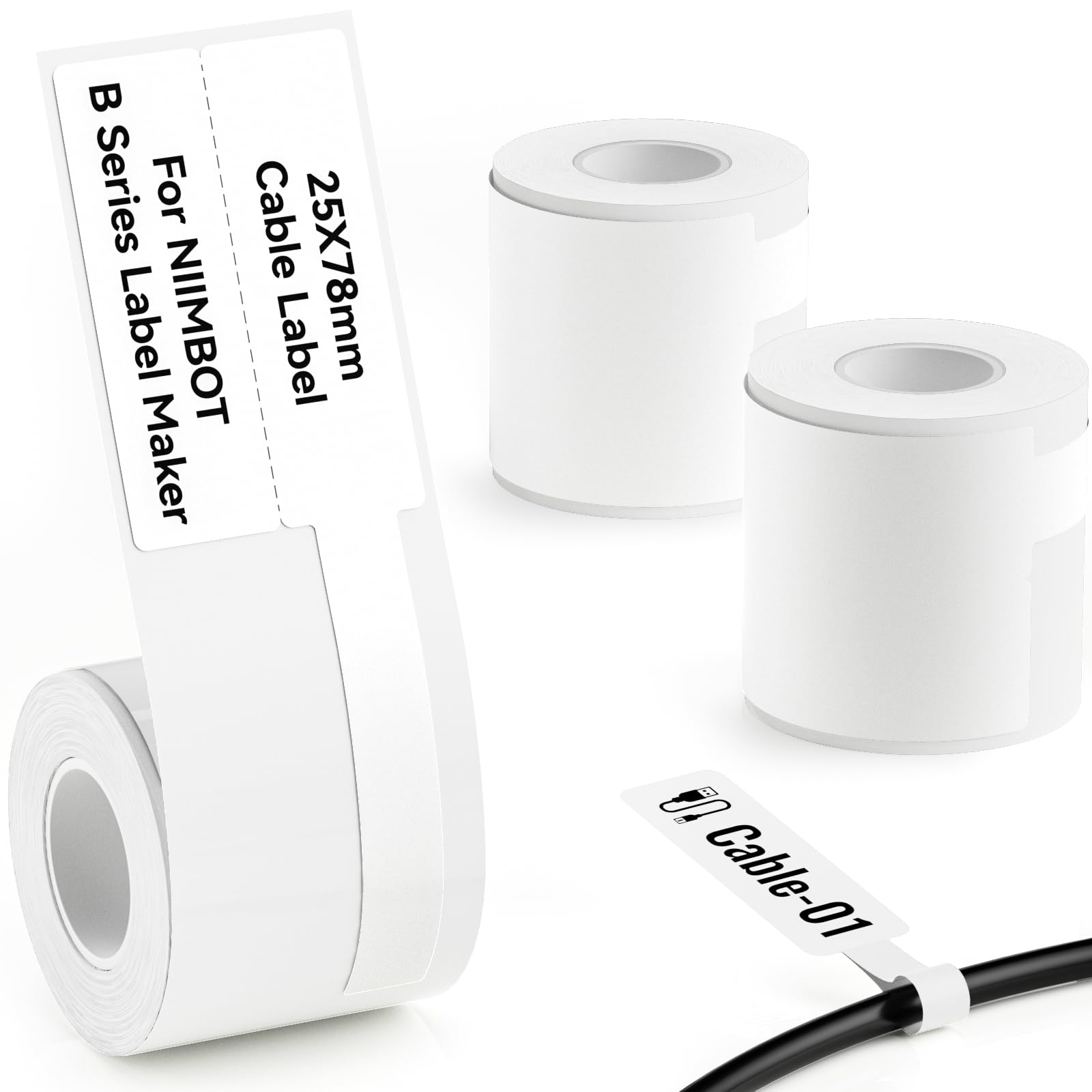 NIIMBOT 3 Roll Set White Cabel Label Compatible with B1/B2/B21 Label Maker, 25x78mm/100Labels/Roll