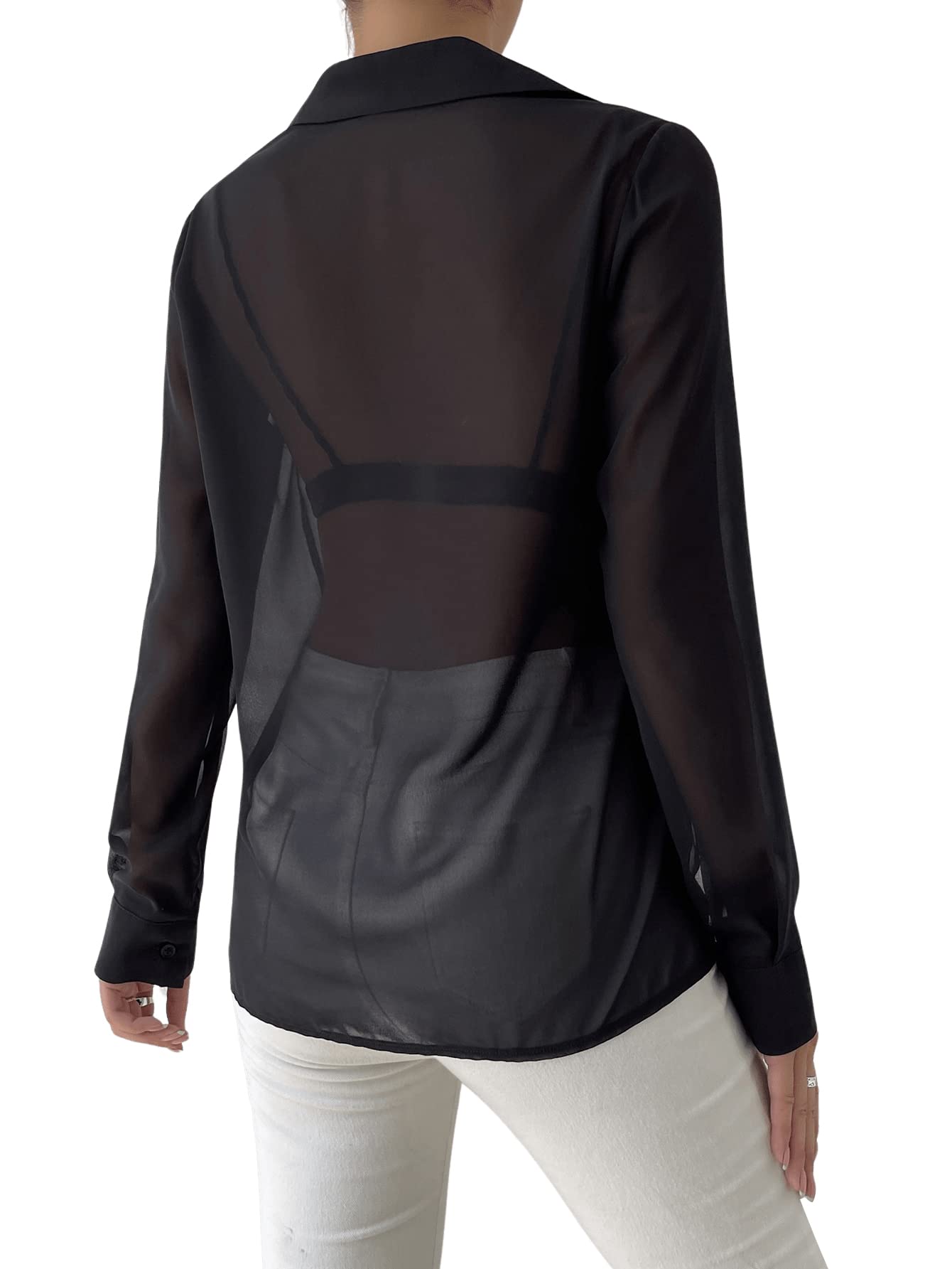 Verdusa Women's Sheer Mesh Button Up Shirt Long Sleeve See Through Blouse: X-Small Black