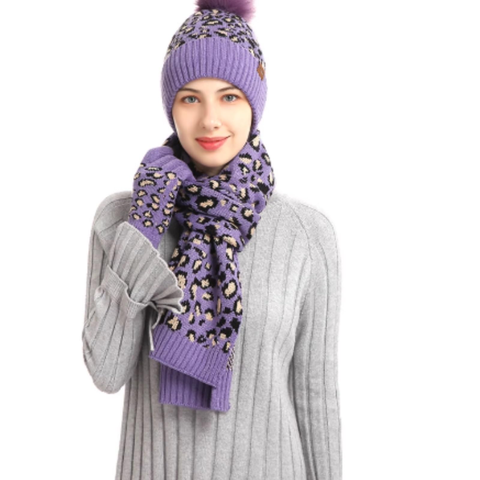 Czapka szalik rękawiczki Damski Zimowy Komplet Czapka, Szalik I Rękawiczki Z Pomponami, Ocieplany Pogrubiony Zestaw(Purple)