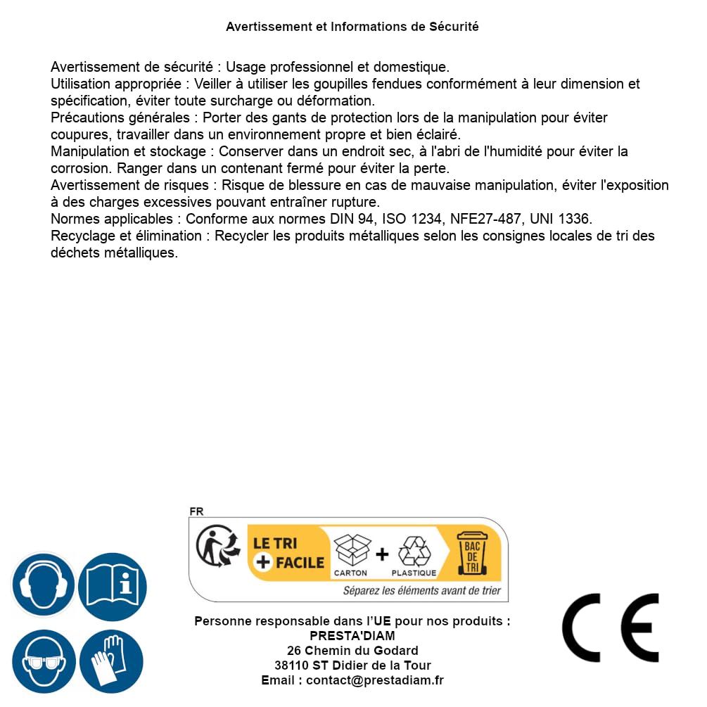 25 pasadores divididos 10 x 112 mm - DIN 94 - ISO 1234 - NFE27-487 - UNI 1336 - Inox A4 - D-Work