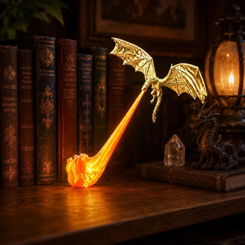 3D Printed Fire Breathing Dragon, Book Nook Light & Bookshelf Decor Ornamen