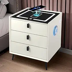 Mesas de Cabeceira Inteligente, 110-220V, Mesa Inteligente, Mesa de Cabeceira Branca com Iluminação Tricolor + Carregamento Sem Fios + USB + Áudio Bluetooth, 40 * 50 * 60CM, Madeira Maciça