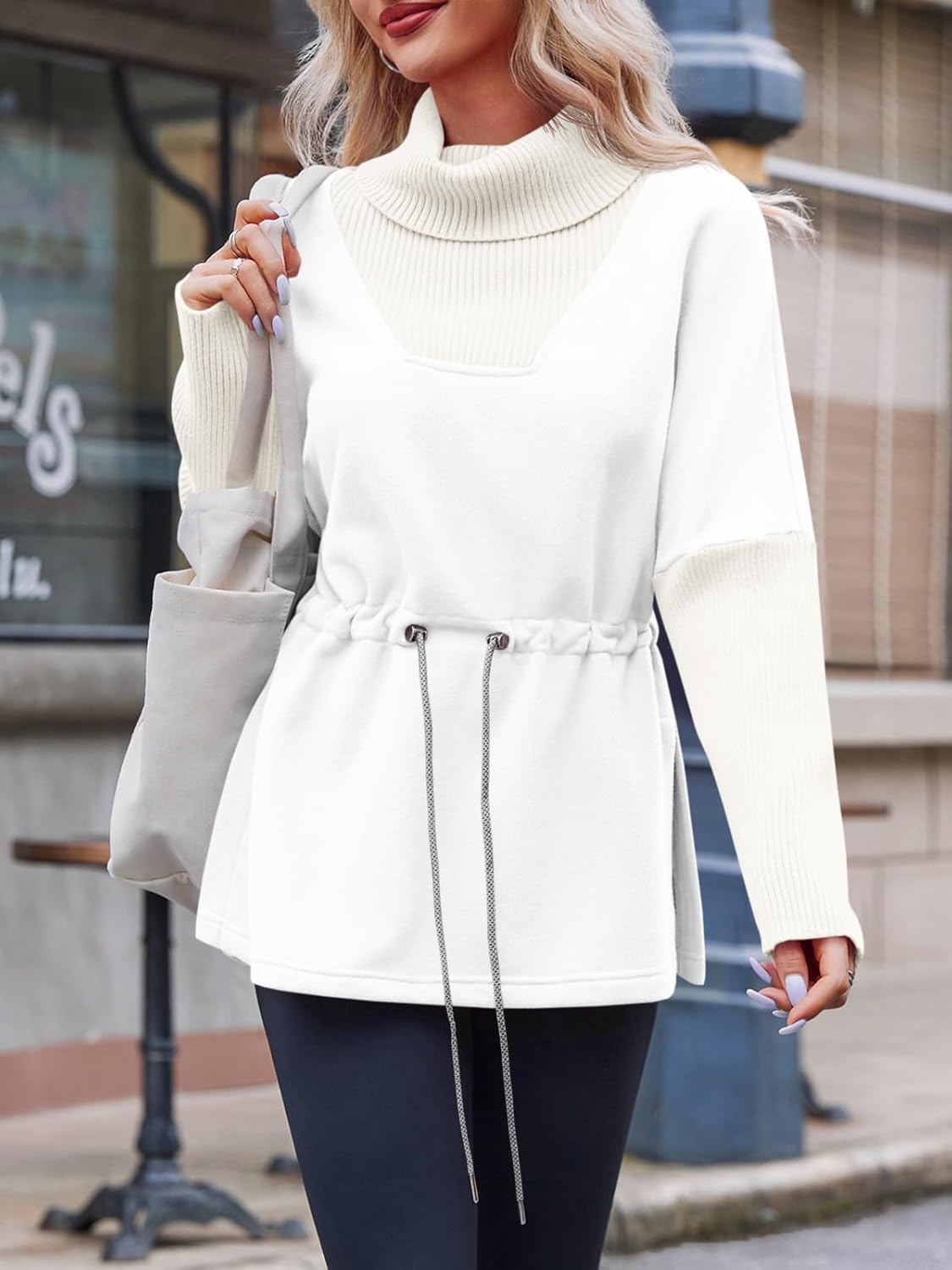 Fisoew Women's Turtleneck Sweatshirts Fleece Drawstring Waist Casual Long Sleeve Pullover Sweater Side Slit Tunic Tops - Image 2