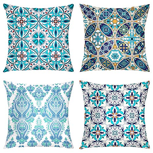 Suesoso Decorative Pillows Case,4 Pillow Set,Blue Beautiful and Fashion Tiles Moroccan Ornaments Mosaic