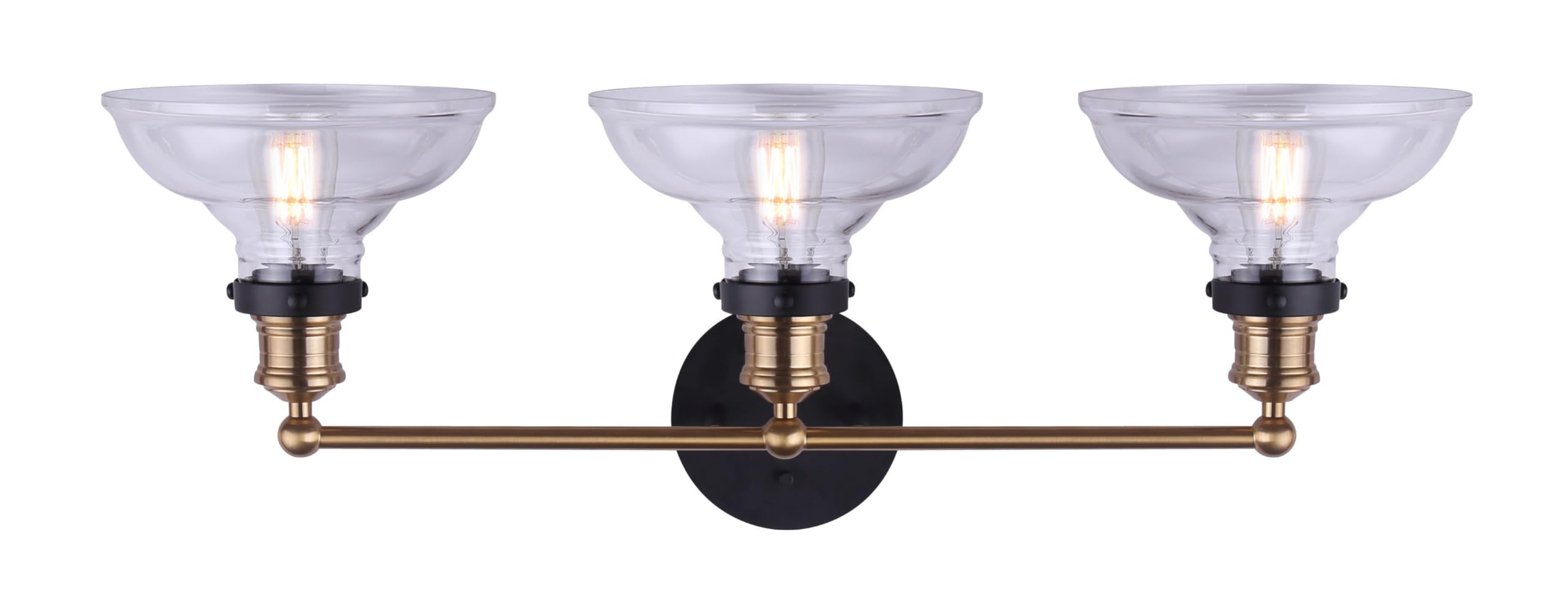 LORA Modern Farmhouse Vanity Light – 3-Light Industrial Bathroom Fixture, Matte Black & Gold Finish, Clear Glass Shades, 100W Type A, 28.5" Wide Over Mirror Wall Sconce