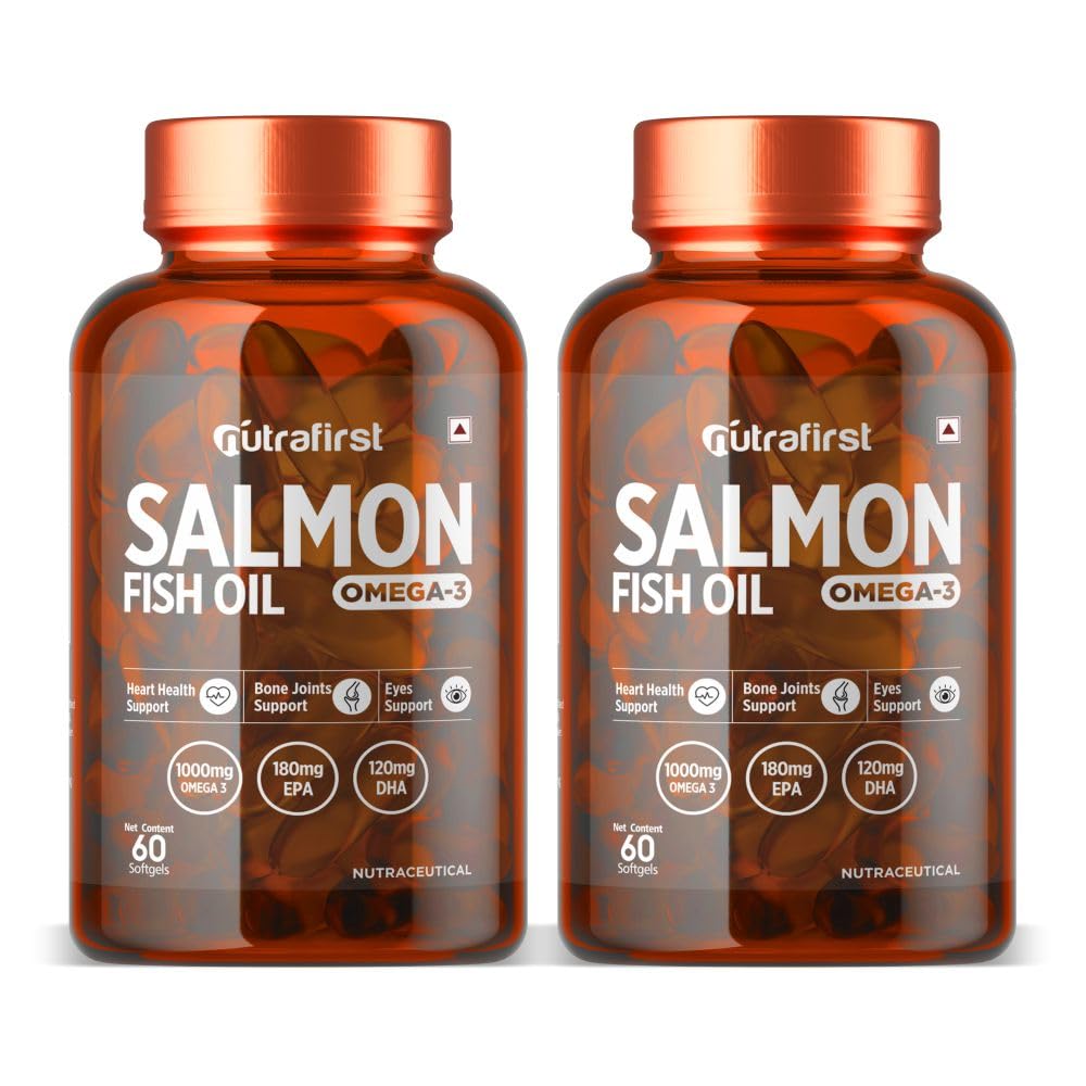Salmon Fish Oil Omega-3 Capsules (2x60 Softgels) (1000mg) | EPA 180mg & DHA 120mg | Supports Heart, Brain, Eye & Joint Health | No Fishy Burps | For Men & Women – Pack of 2