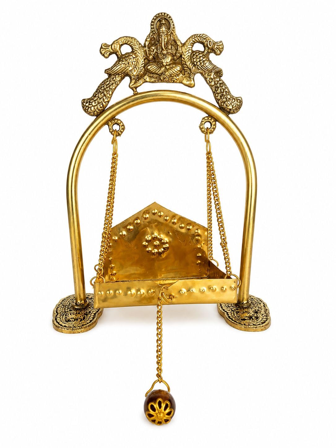 Brass Laddu Gopal Jhula Krishna Swing for Home Temple 20x16 cm | Handcrafted, Ganesha Atop Arch, Auspicious Ghanti, Daily Puja & Festivals, Sturdy Engraved Base-image-35