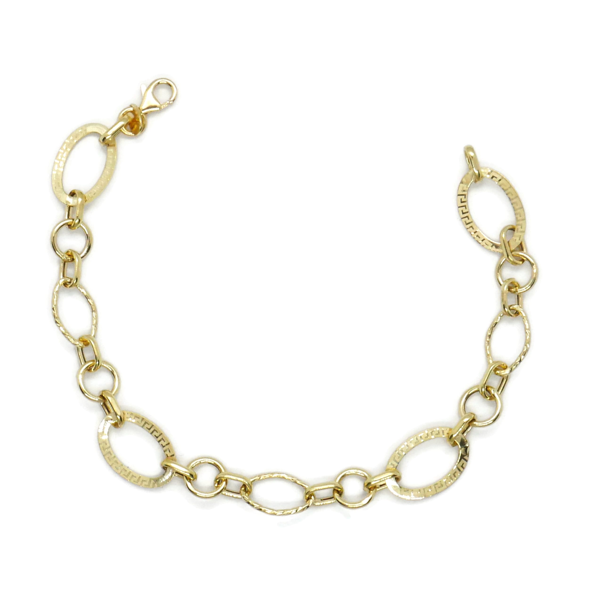 Never Say Never Pulsera para mujer de oro amarillo mate y brillo de 18k con cadena de eslabones ovalados y detalle de greca, 1.10 cm de ancha, largo 19.00 cm. 2.80 gr de oro de 18k.
