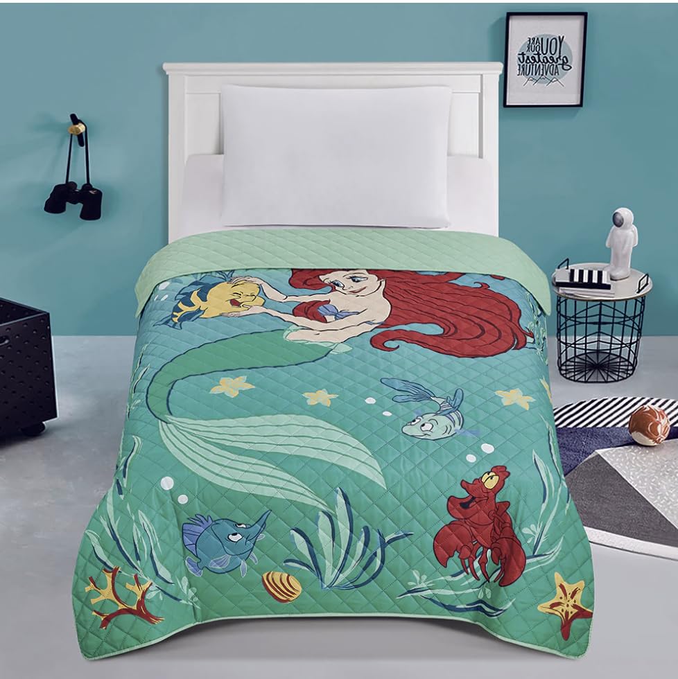 Jay Franco Ariel Little Mermaid Twin Quilted Bedspread Sun-kissed, Blue