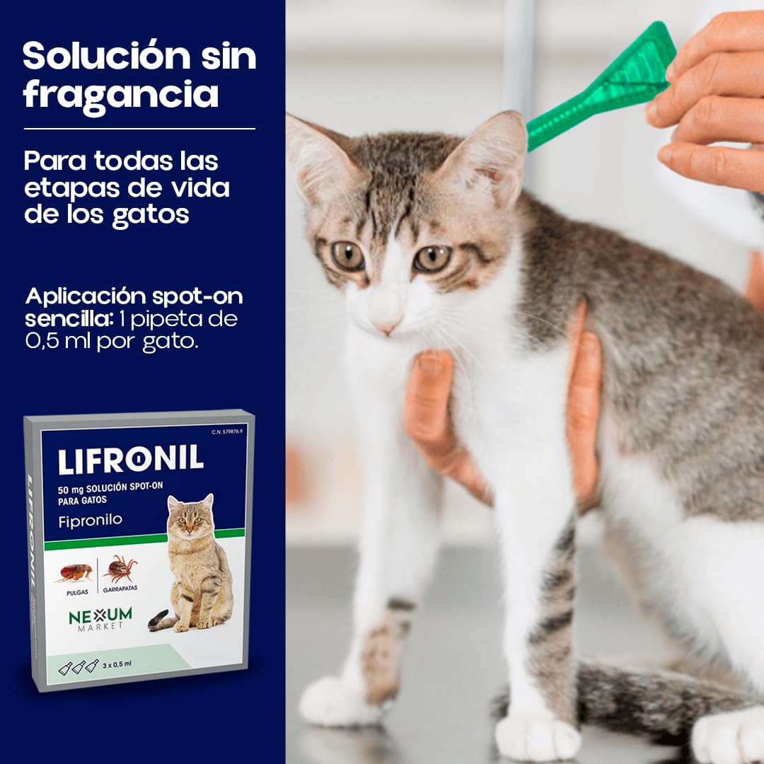 Pipetas Gatos LIFRONIL x3 Pipetas contra Pulgas y Garrapatas | Apto para Todo Tipo de Gatos a Partir de 2 Meses y más de 1 kg de Peso | Protección hasta 5 Semanas | Nexum Market (Pack de 1 Unidad)