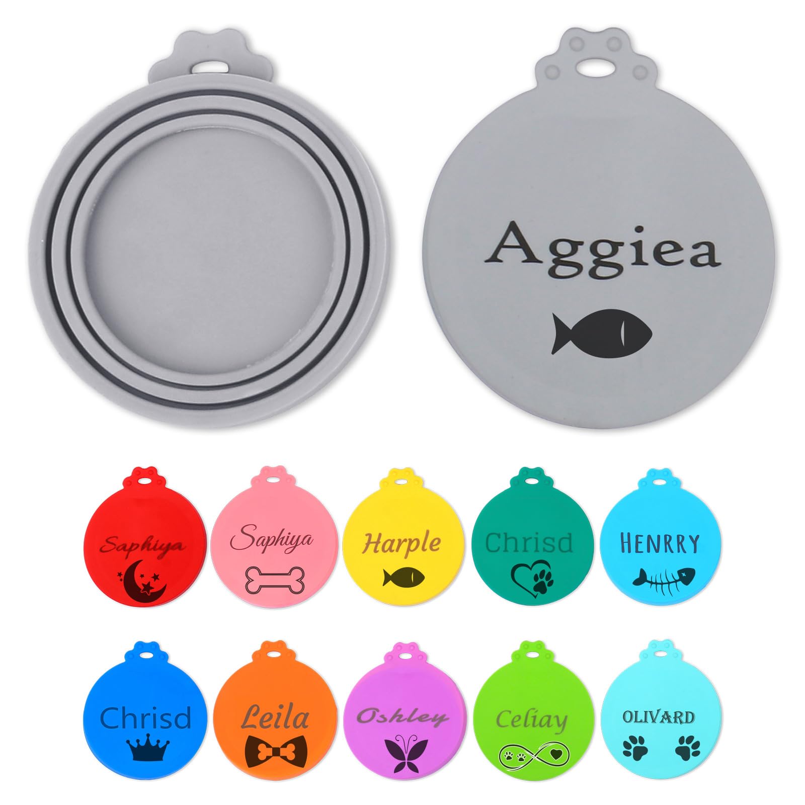 NGTSFLY Custom Name Pet Food Can Cover, Silicone Lids for Dog & Cat Food (Universal Size, Fits 3 Standard Sizes), 11 Colors Available (Gray)