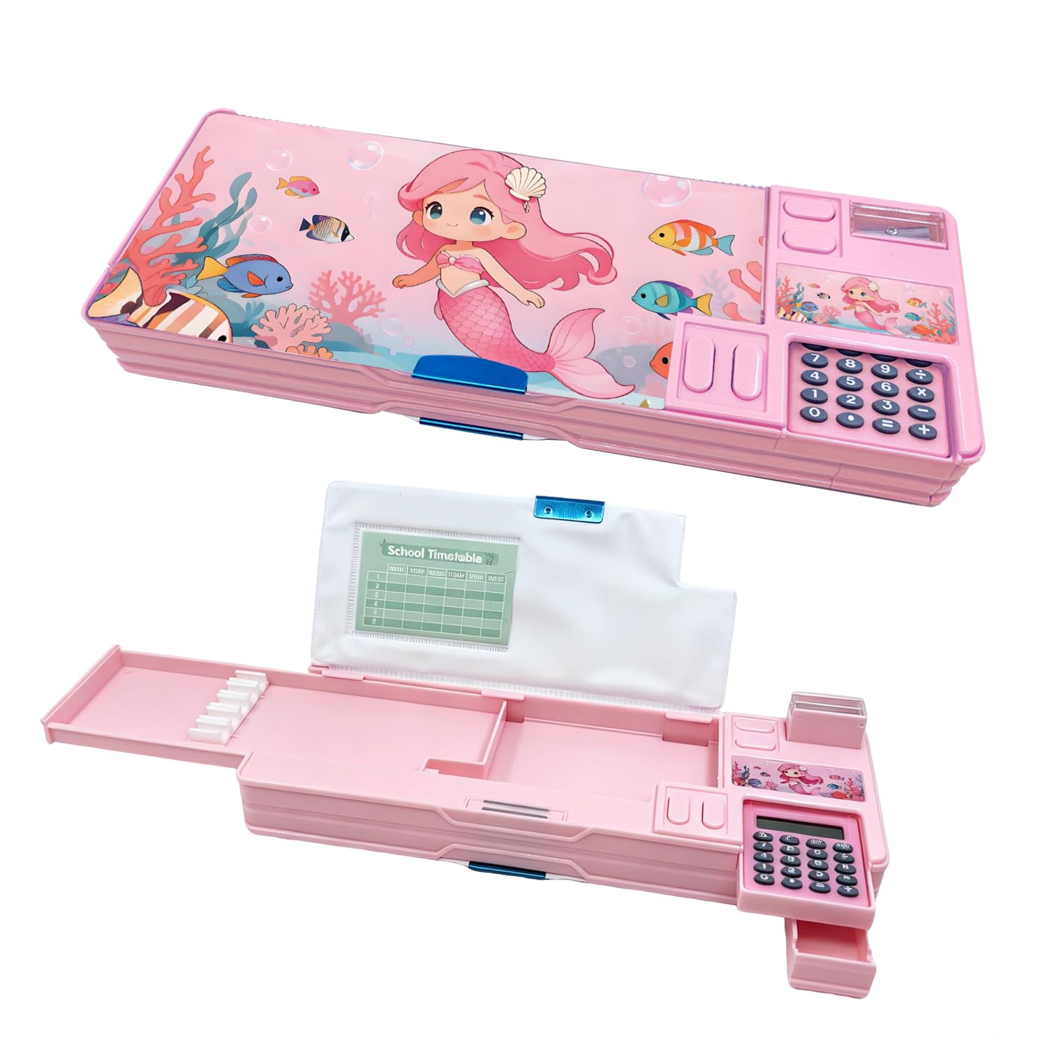 LilyBeauty Pop up Multifunction Pencil Case with Calculator, Pencil Box with Sharpener for Girls & Boys, Magnetic Closure with Compartments, Pink