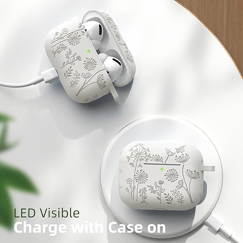 Miniatura 8 de Lerobo - Funda protectora para estuche de AirPods Pro y Pro 2 USB C, bonita funda de silicona suave grabada con diseño floral y LED frontal visible,
