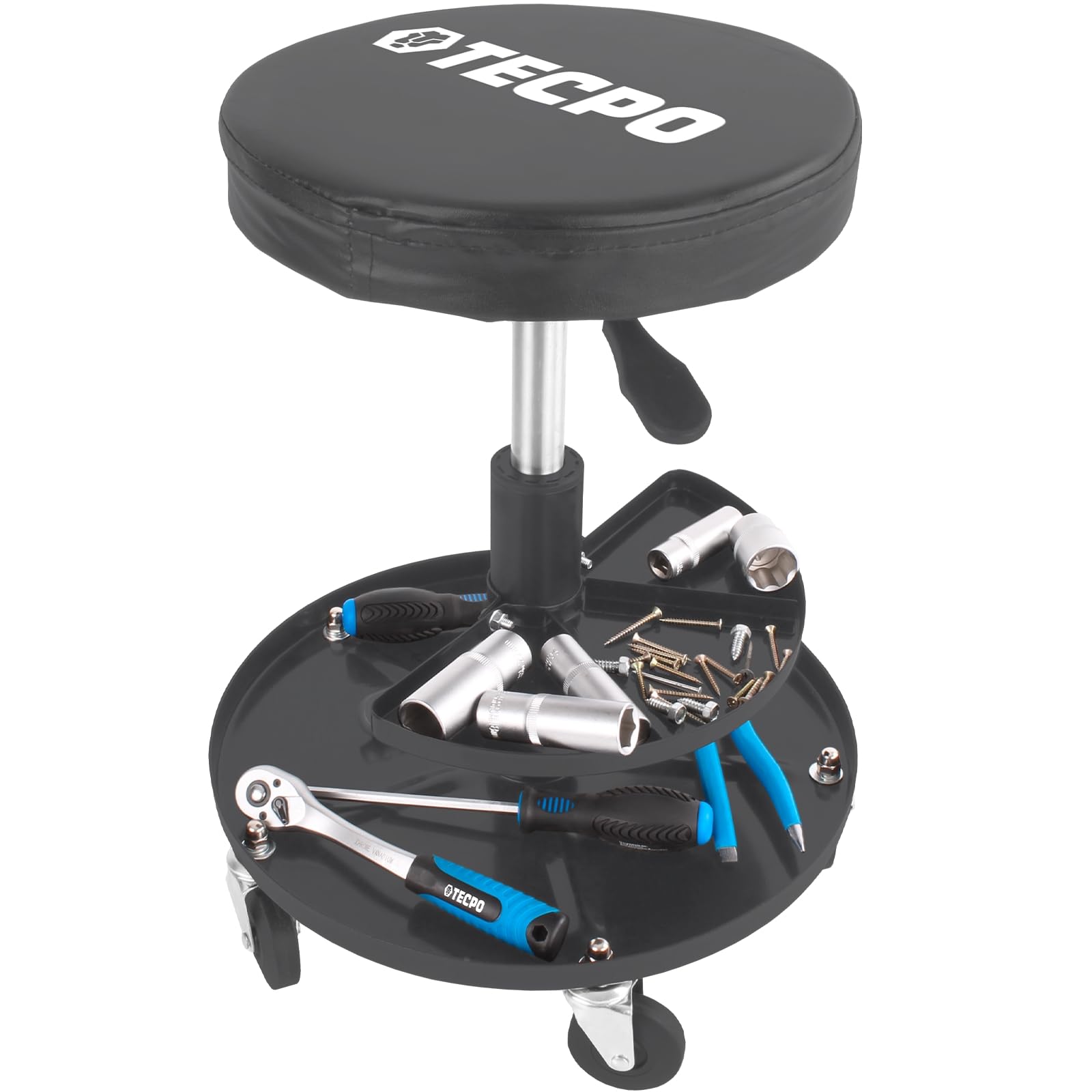 TECPO Werkstatthocker mit Zwei Ablagen 135 Kg Tragfähigkeit 390-520mm Höhe Rollsitz Rollhocker Werkstatt Arbeits Hocker mit Rollen höhenverstellbar Sitz