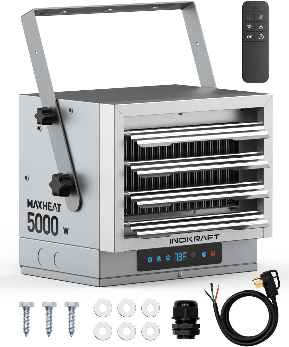 InoKraft 5,000W Electric Garage Heater, Wire: 10 AWG, Plug: NEMA 14-50R, Remote, Ceiling Mount, Digital Thermostat, 240 Volt Hardwired, 12-Hour Timer, Overheat Protection, ECO Mode, Ideal for Garage 5000w with Wire&Plug&Remote